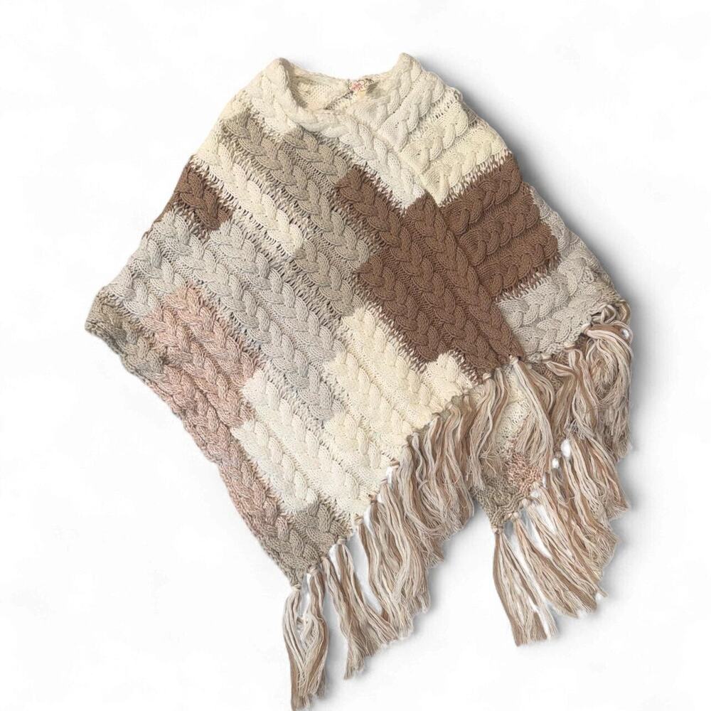 Free People Revelry Cable Knit Fringe Poncho Cream Mauve One Size Boho Beachy